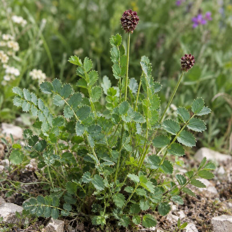 Salad burnet (Sanguisorba minor) leaves and flower heads